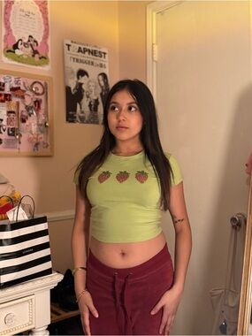 Forever 21 Lime Green Strawberry Graphic Crop Top